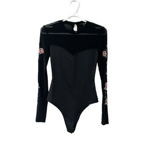 Black Bodysuit with Floral Design on Arms